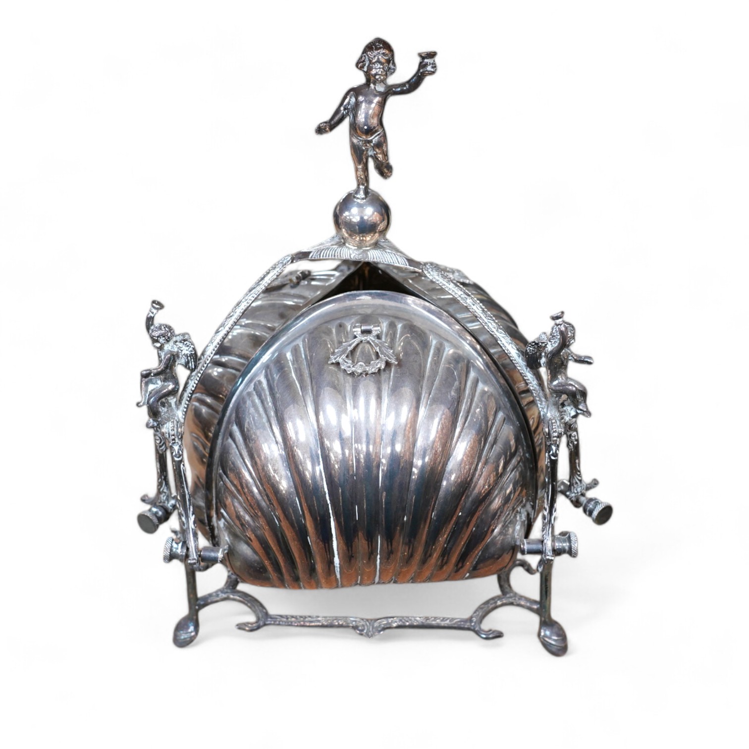 A late Victorian plated Staniforth patent triple scallop biscuit box with gilded interior, 29cm high. Condition - good